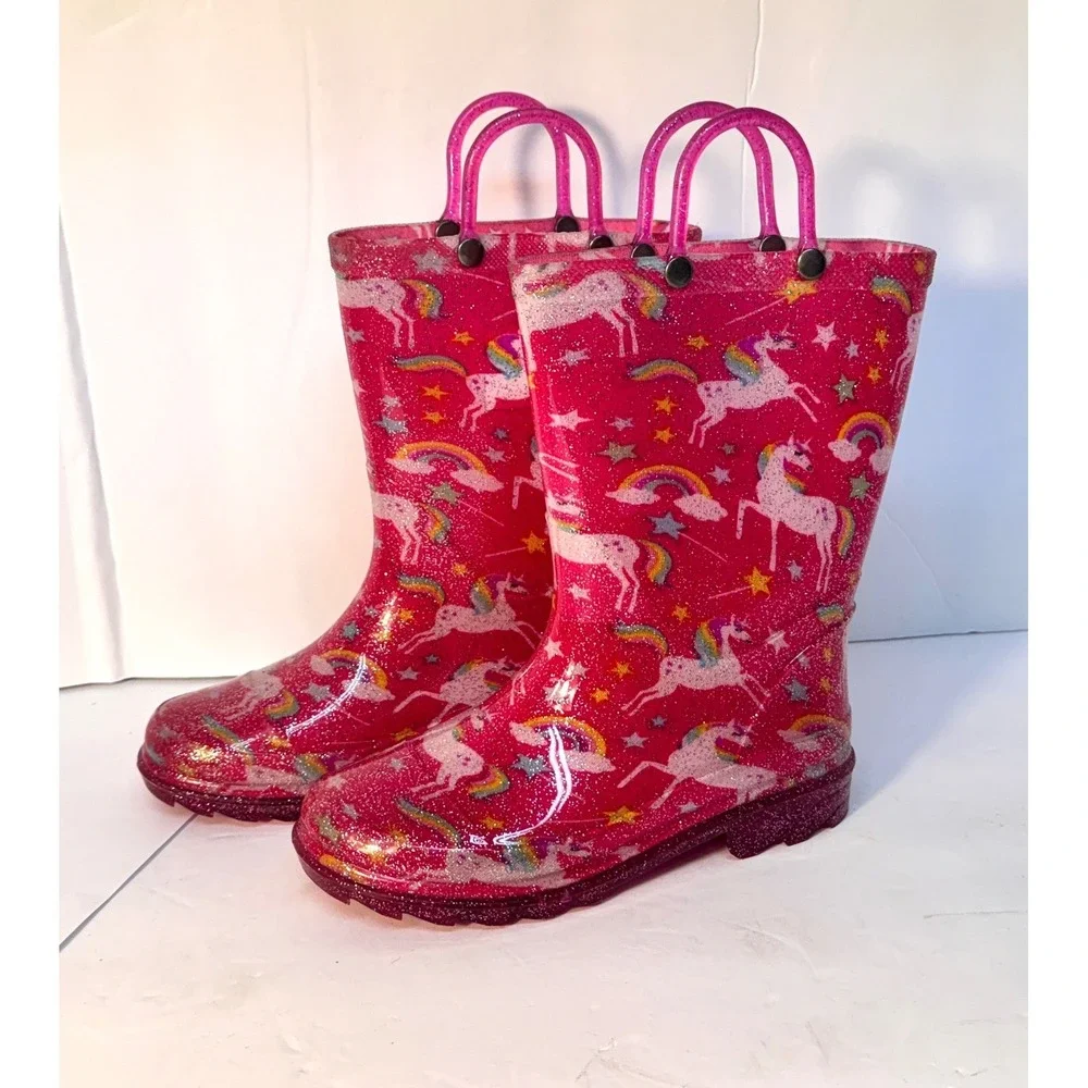 Rain boots Pink Glitter Unicorn & Rainbow Easy-on , light up heels‎ EUC